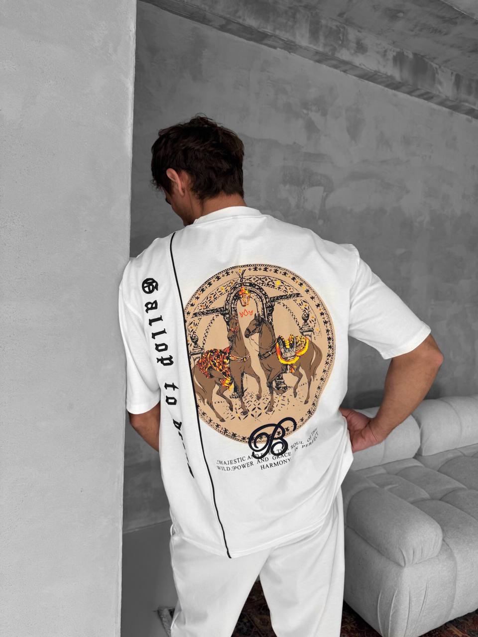 Men's Cotton T-Shirt with Detailed Back Print / Horse & Rider Graphic Tee