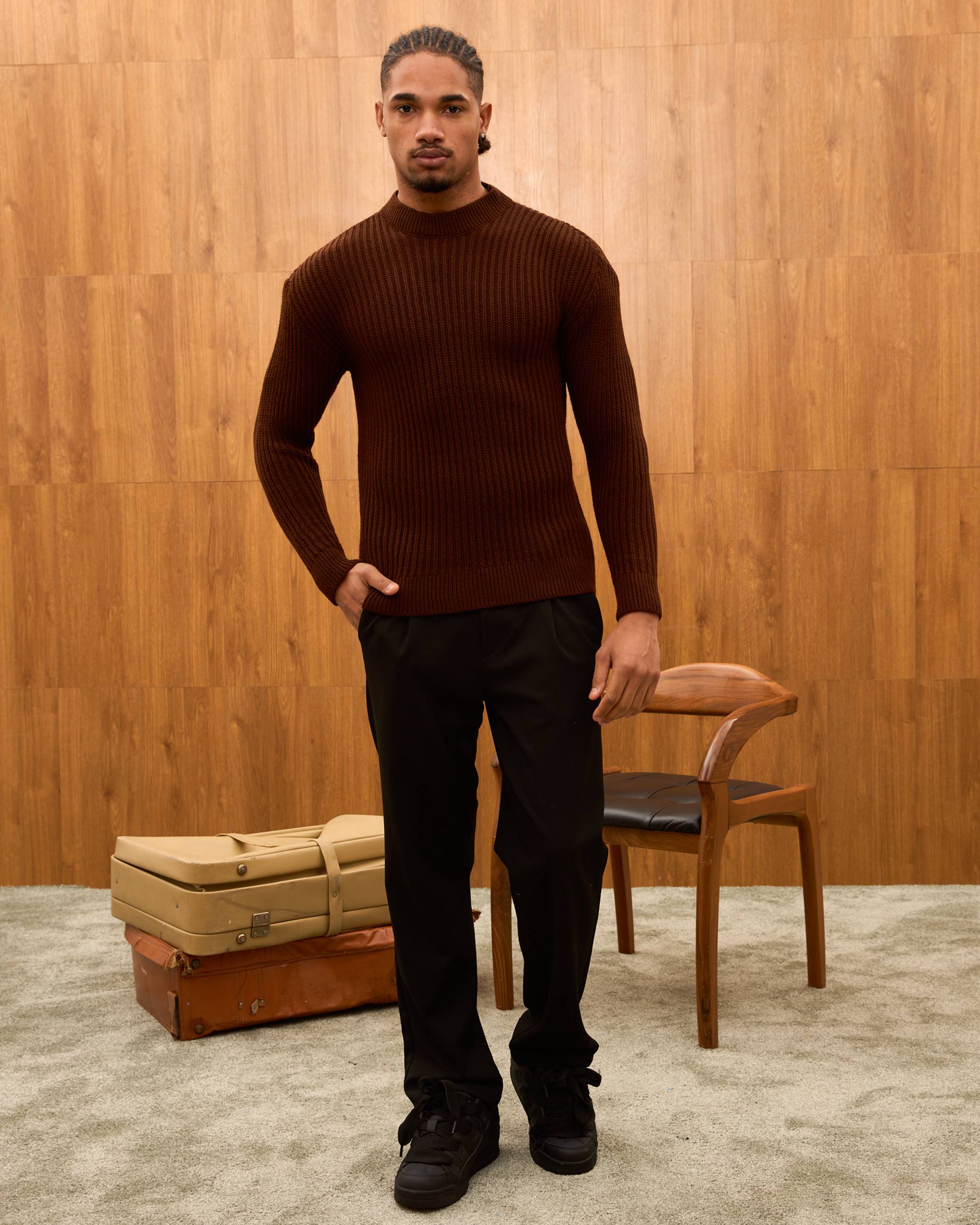 Men's Mock Neck Ribbed Knit Sweater - Tailored Fit Minimalist Luxury Pullover