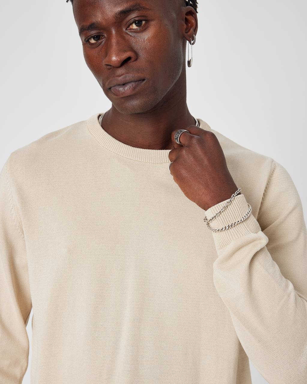Men's Oversized Plain Knit Crew Neck Sweater - Casual Comfort