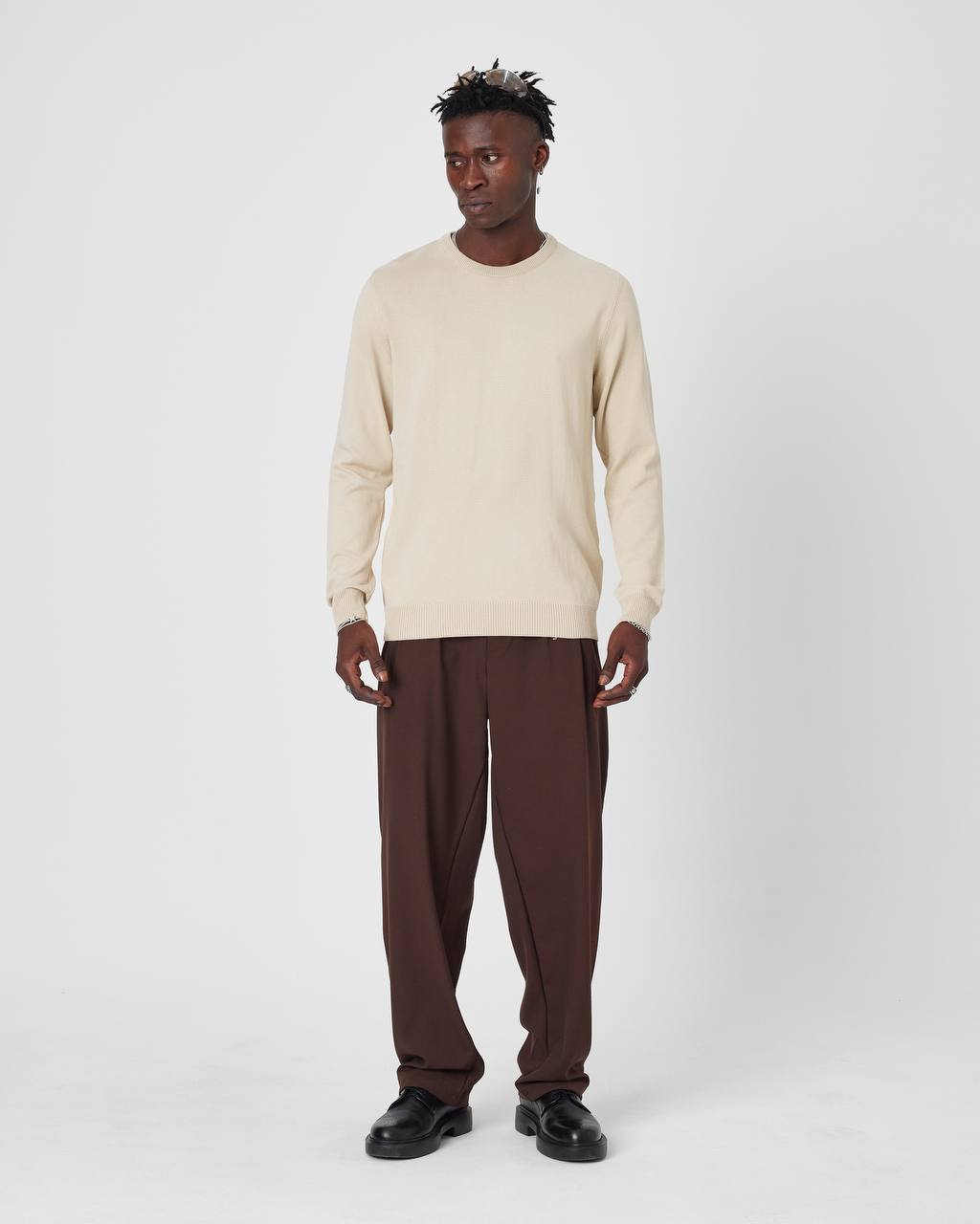 Men's Oversized Plain Knit Crew Neck Sweater - Casual Comfort