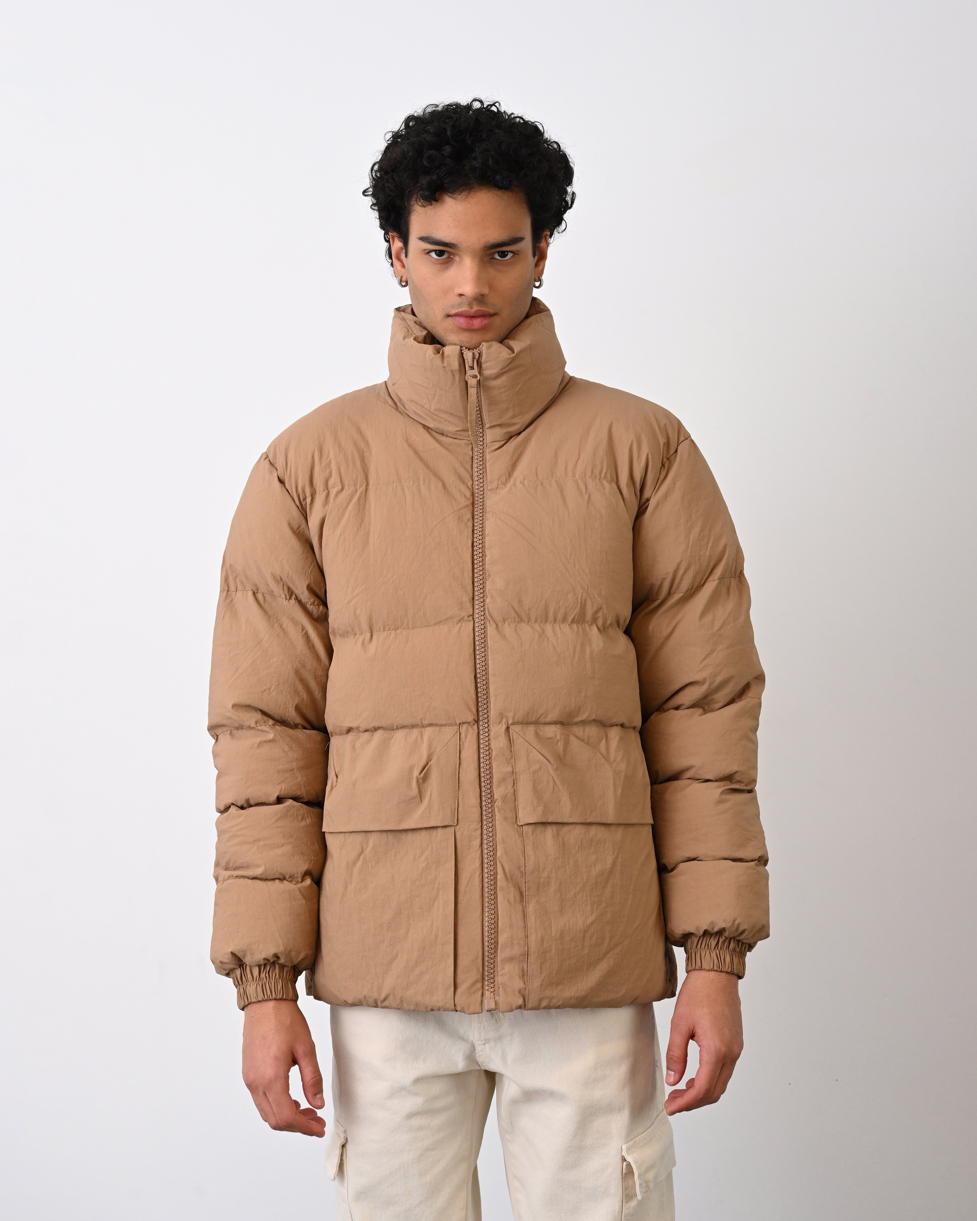 Men's Premium Puffer Jacket with High Collar and Utility Pockets