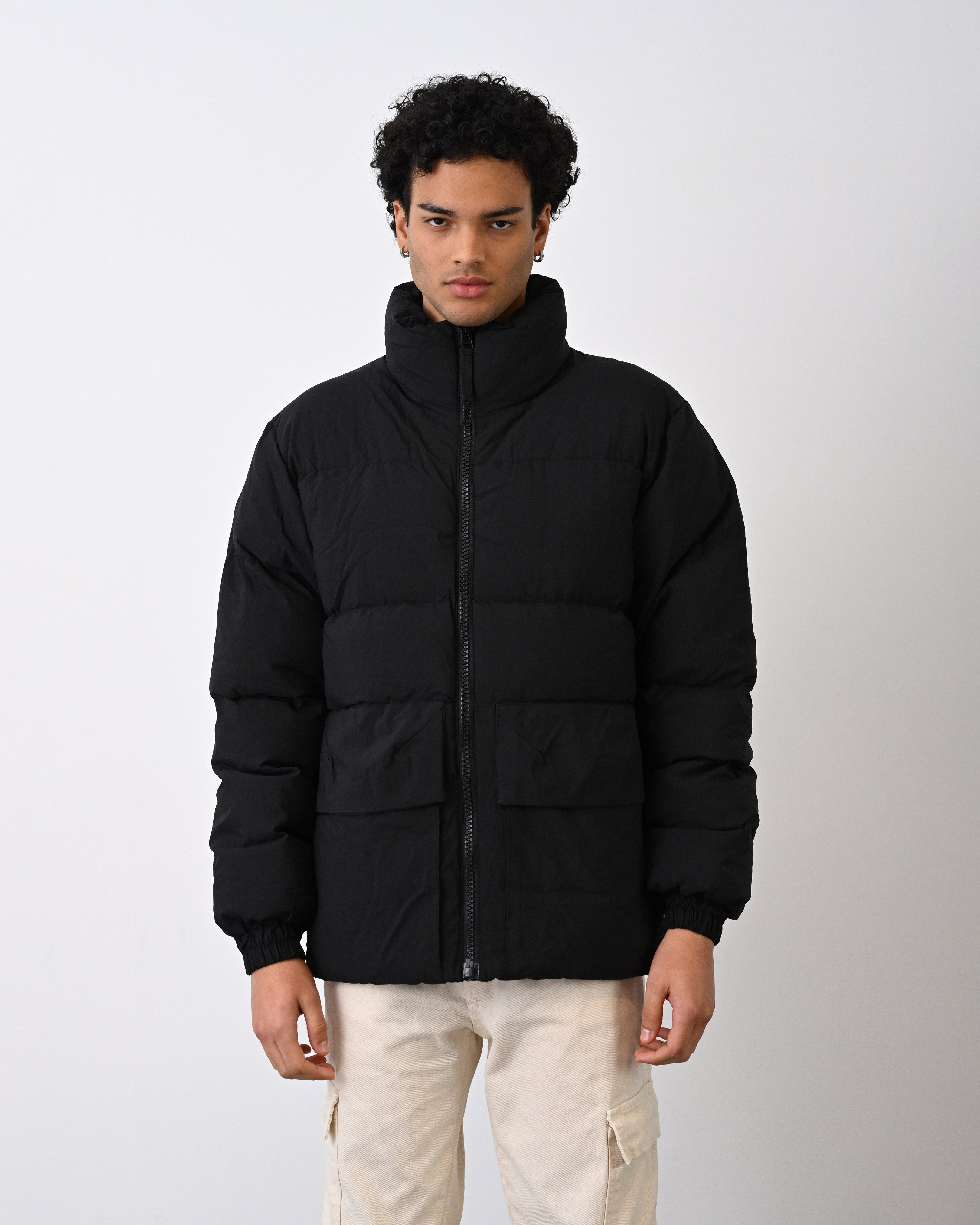 Men's Premium Puffer Jacket with High Collar and Utility Pockets
