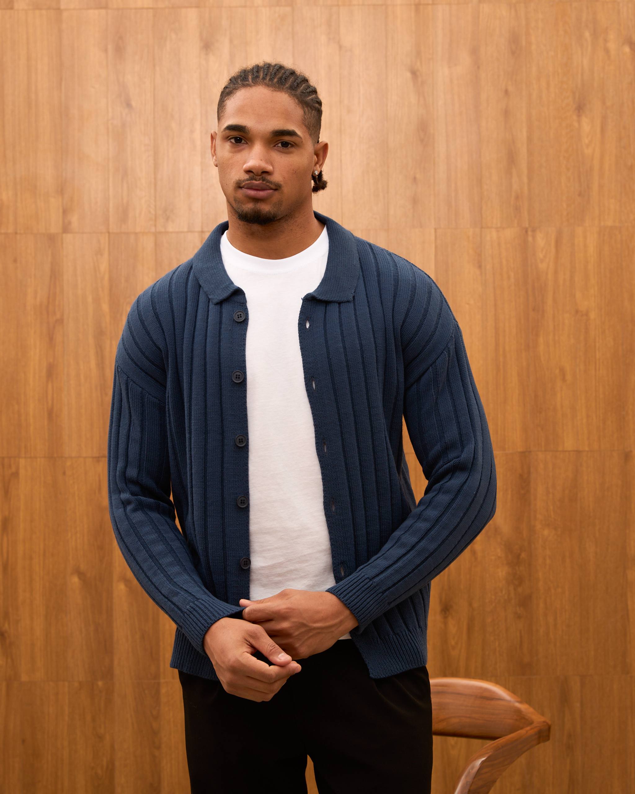 Men's Ribbed Knit Cardigan - Cuban Collar Button-Down Luxury Layering Shirt