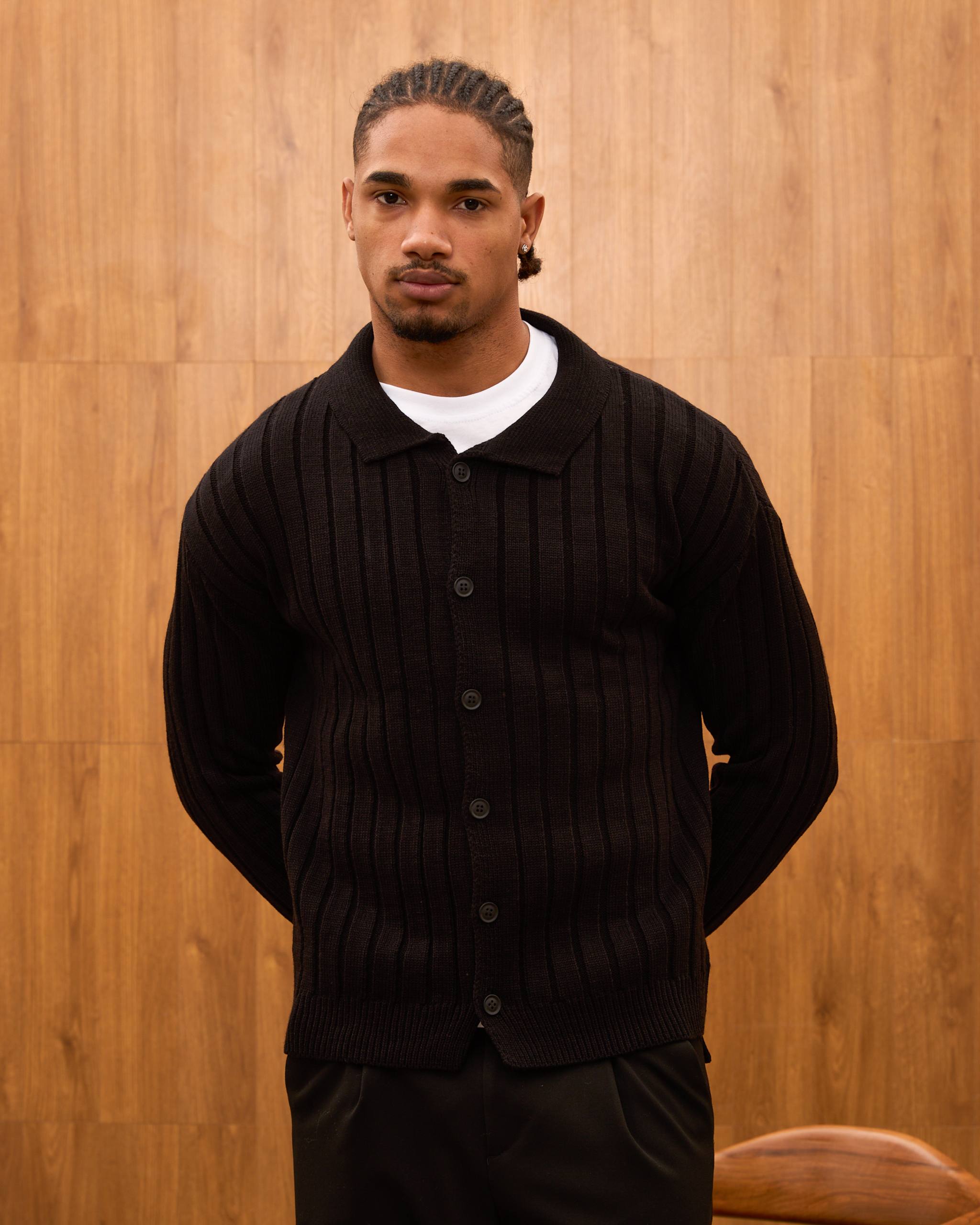 Men's Ribbed Knit Cardigan - Cuban Collar Button-Down Luxury Layering Shirt