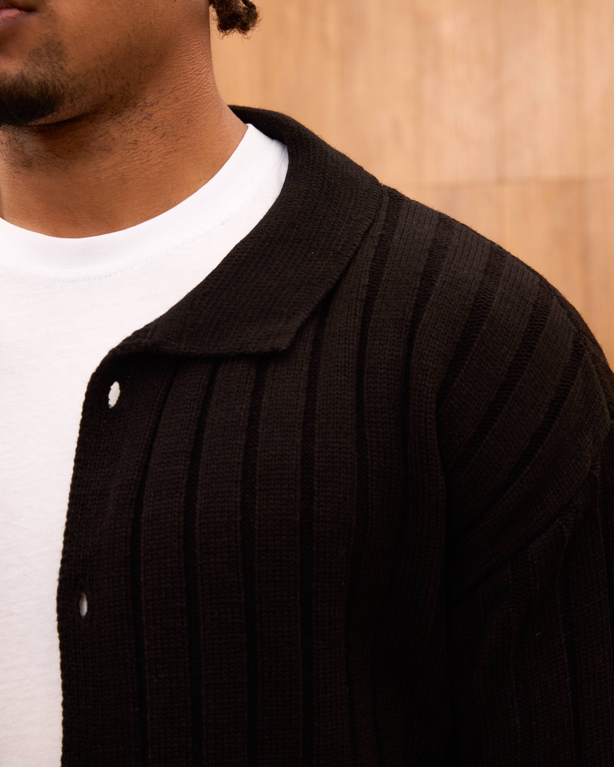 Men's Ribbed Knit Cardigan - Cuban Collar Button-Down Luxury Layering Shirt