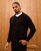Men's Ribbed Knit Cardigan - Cuban Collar Button-Down Luxury Layering Shirt