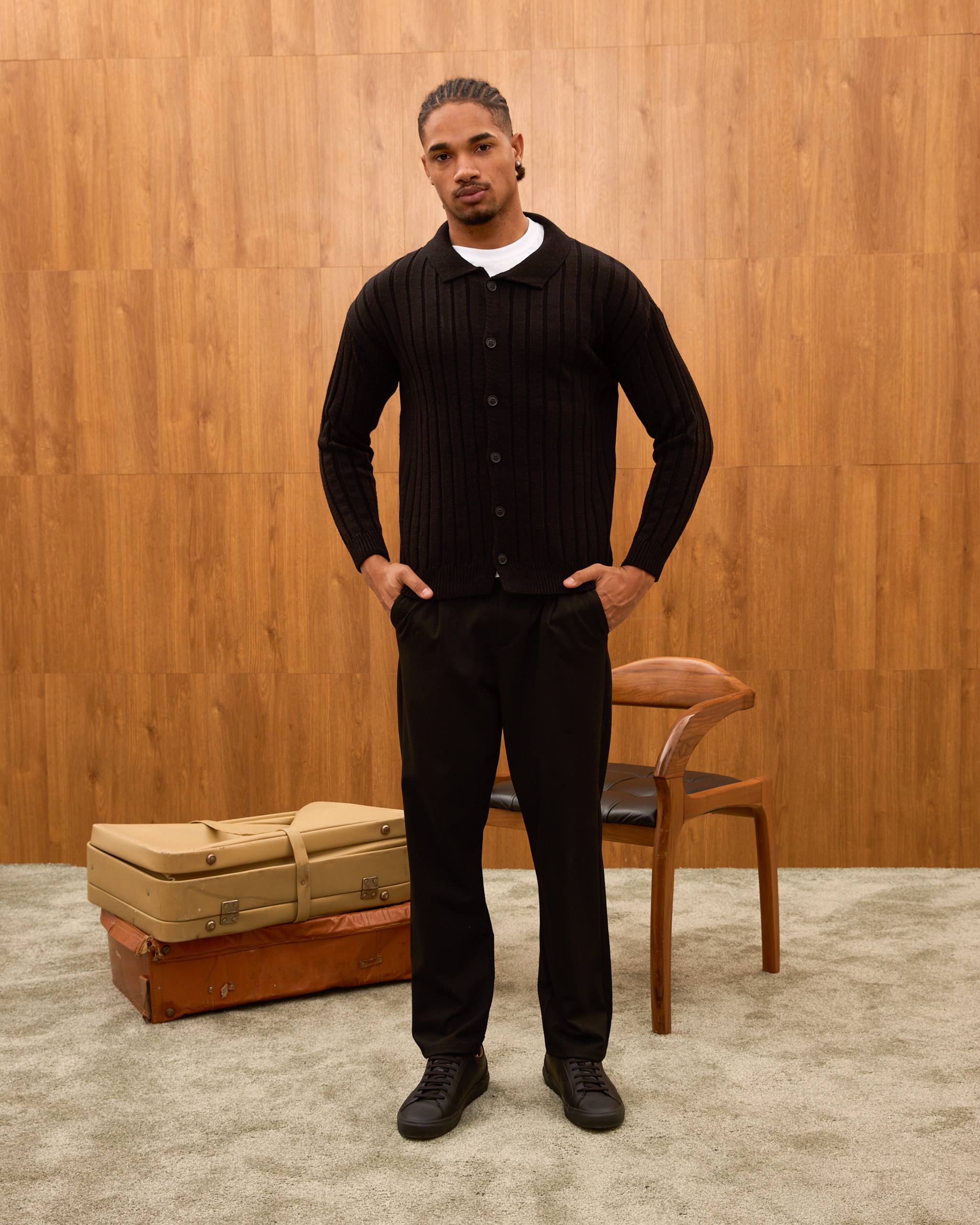 Men's Ribbed Knit Cardigan - Cuban Collar Button-Down Luxury Layering Shirt