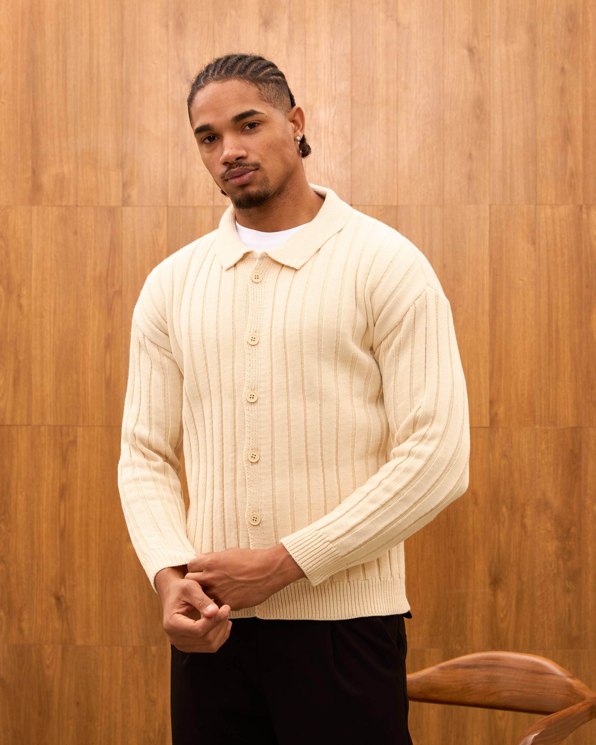 Men's Ribbed Knit Cardigan - Cuban Collar Button-Down Luxury Layering Shirt