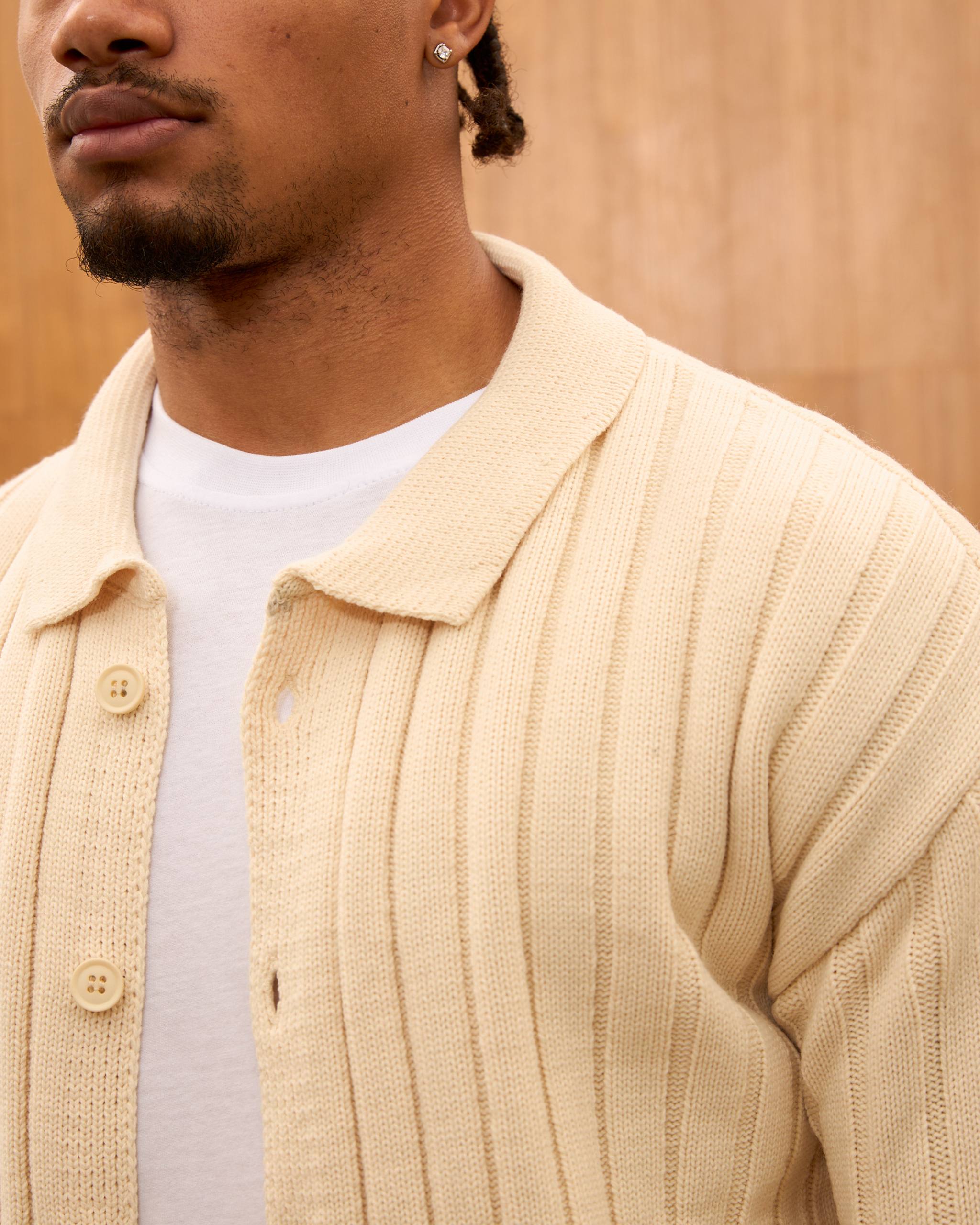 Men's Ribbed Knit Cardigan - Cuban Collar Button-Down Luxury Layering Shirt
