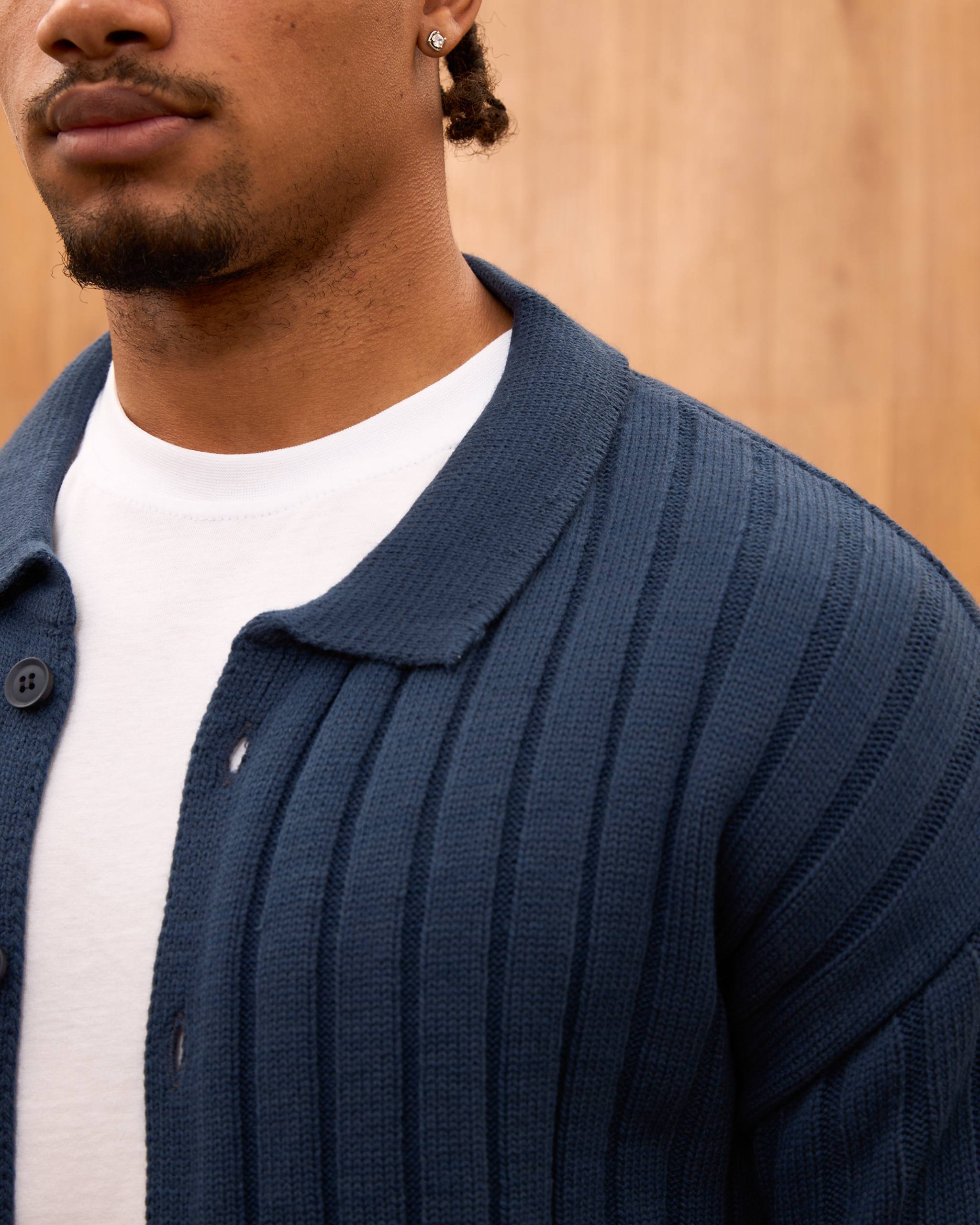 Men's Ribbed Knit Cardigan - Cuban Collar Button-Down Luxury Layering Shirt
