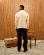 Men's Ribbed Knit Cardigan - Cuban Collar Button-Down Luxury Layering Shirt