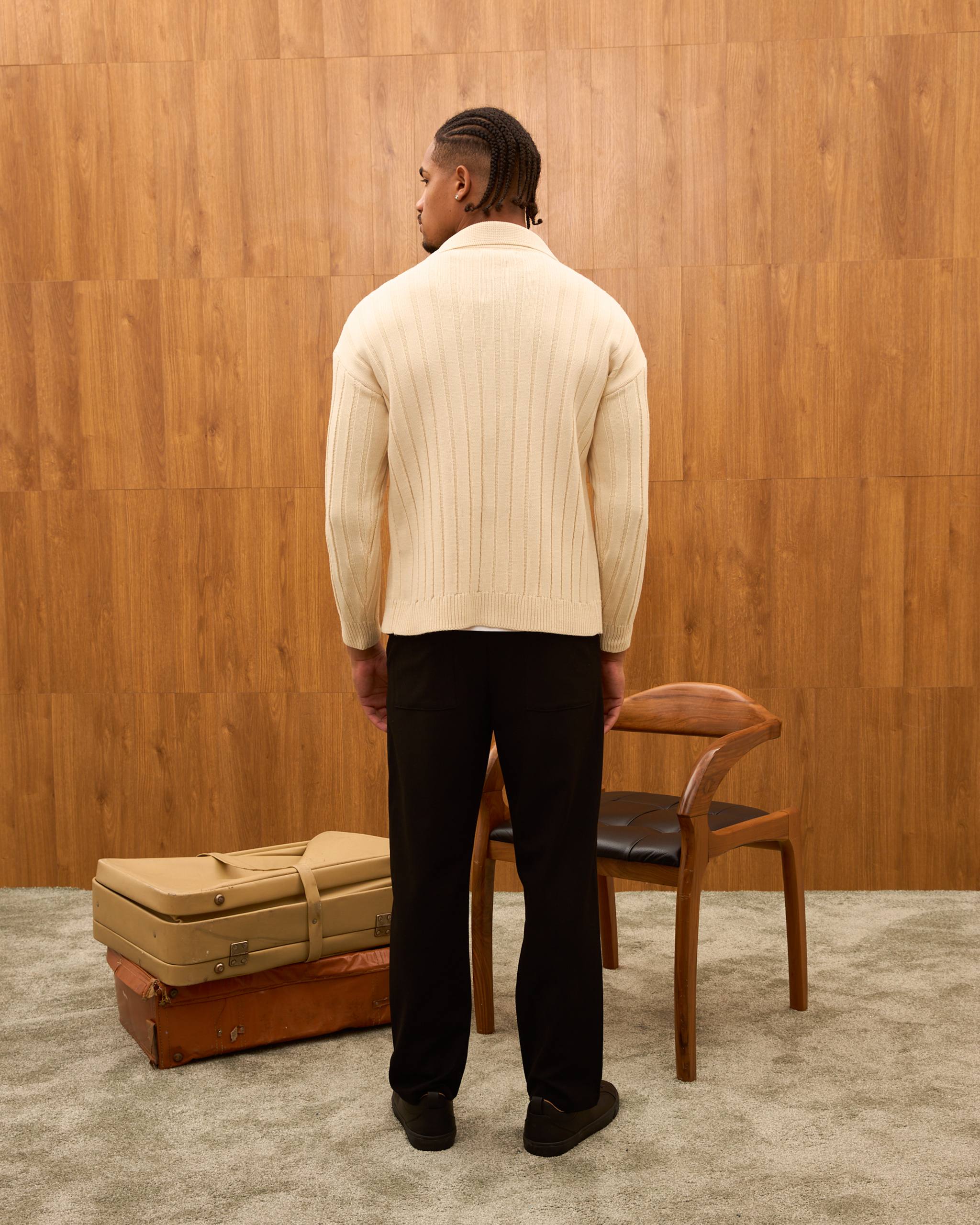 Men's Ribbed Knit Cardigan - Cuban Collar Button-Down Luxury Layering Shirt