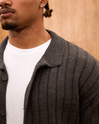 Men's Ribbed Knit Cardigan - Cuban Collar Button-Down Luxury Layering Shirt
