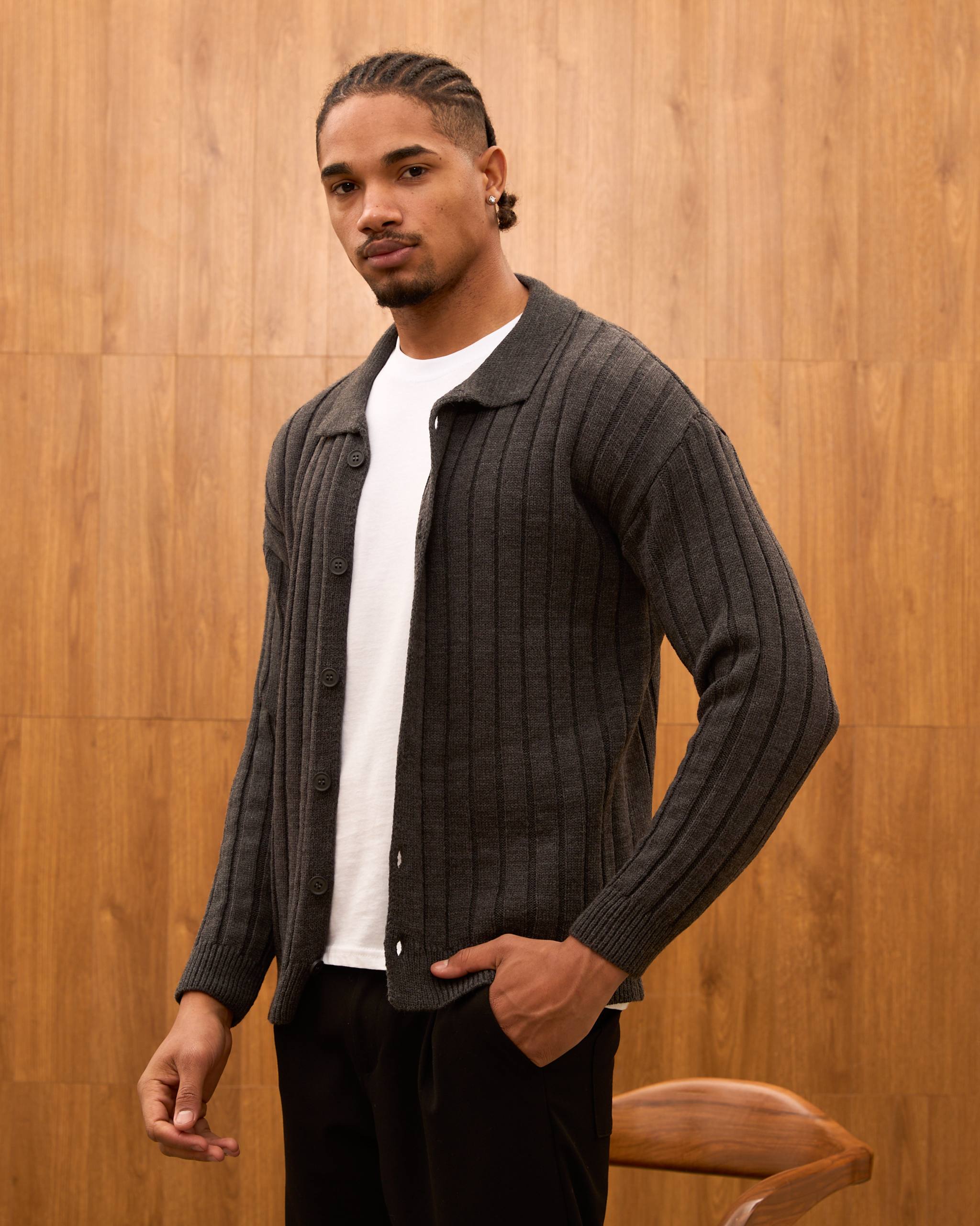 Men's Ribbed Knit Cardigan - Cuban Collar Button-Down Luxury Layering Shirt