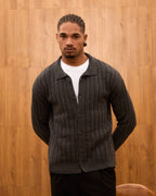 Men's Ribbed Knit Cardigan - Cuban Collar Button-Down Luxury Layering Shirt