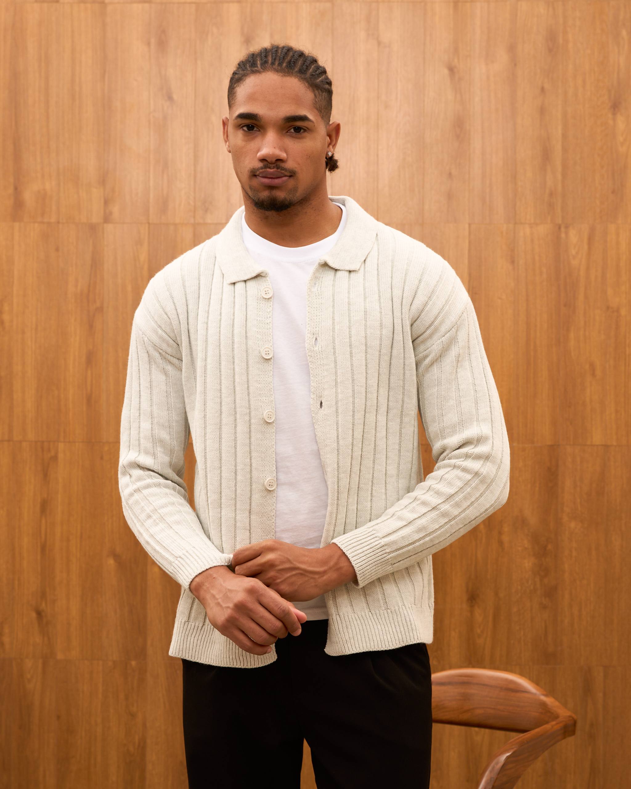 Men's Ribbed Knit Cardigan - Cuban Collar Button-Down Luxury Layering Shirt