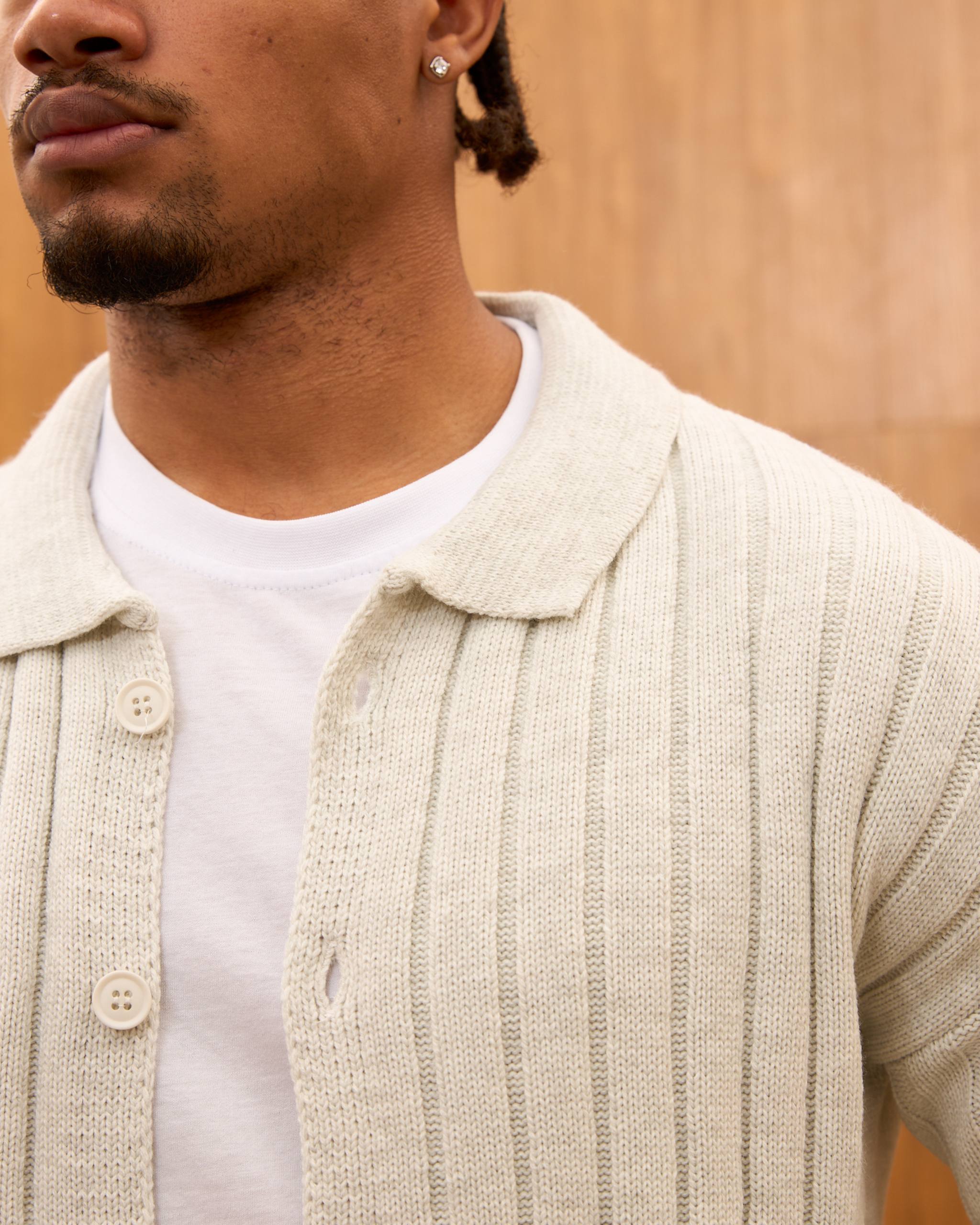 Men's Ribbed Knit Cardigan - Cuban Collar Button-Down Luxury Layering Shirt