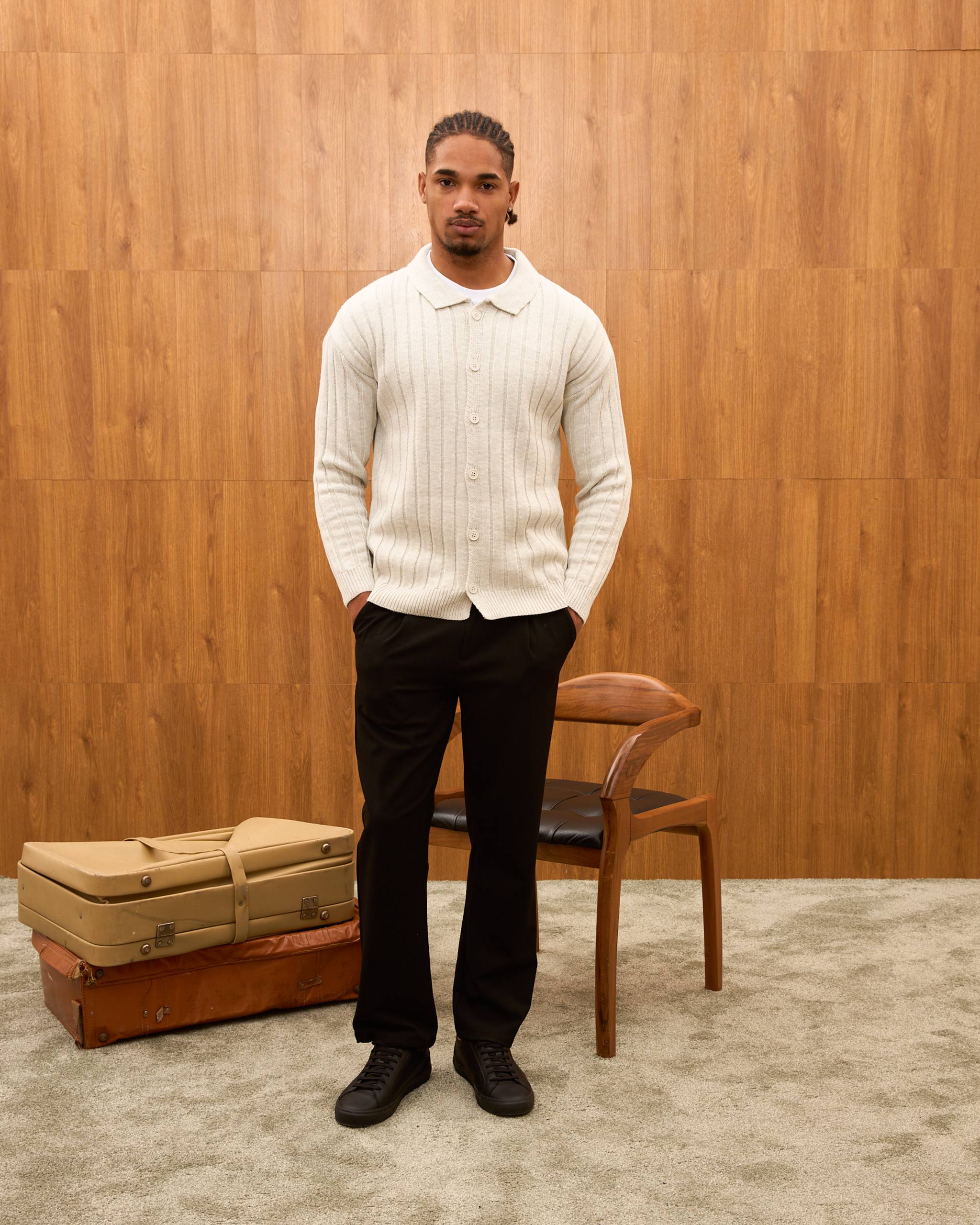 Men's Ribbed Knit Cardigan - Cuban Collar Button-Down Luxury Layering Shirt