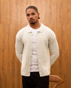 Men's Ribbed Knit Cardigan - Cuban Collar Button-Down Luxury Layering Shirt