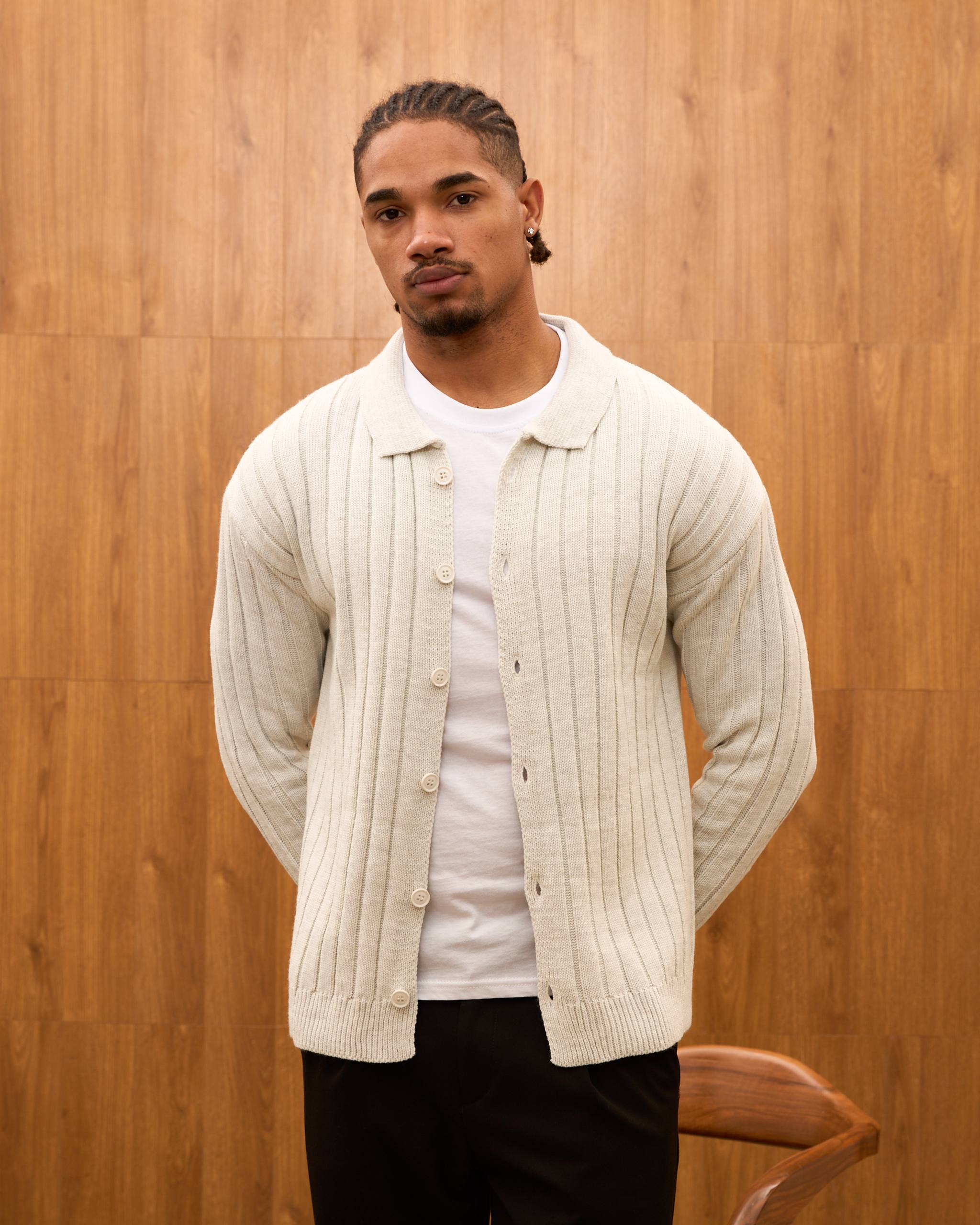 Men's Ribbed Knit Cardigan - Cuban Collar Button-Down Luxury Layering Shirt
