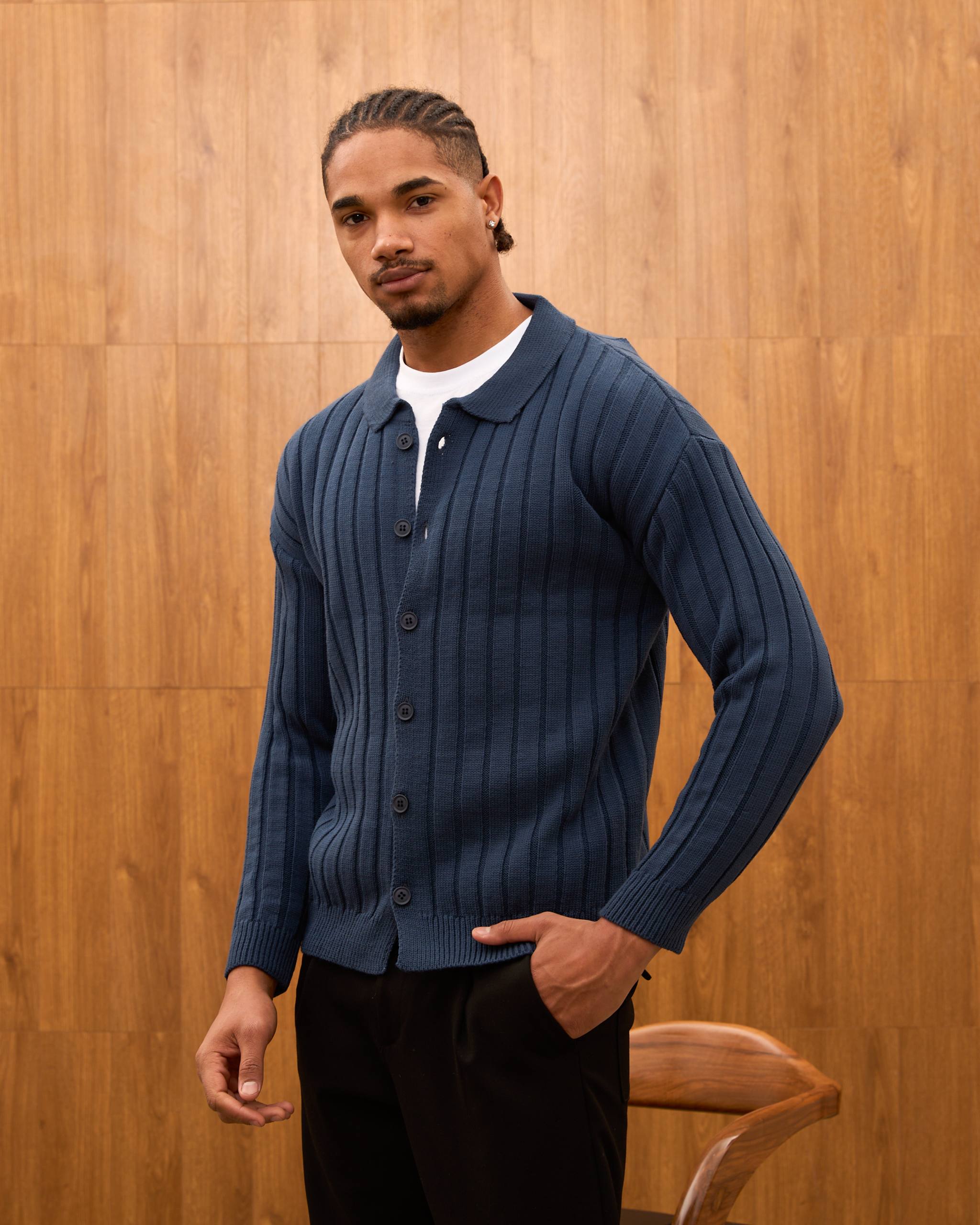 Men's Ribbed Knit Cardigan - Cuban Collar Button-Down Luxury Layering Shirt