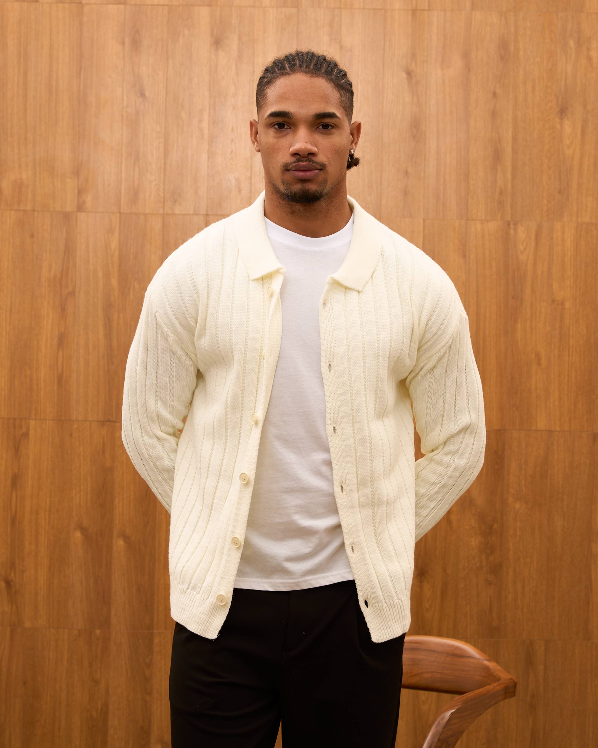 Men's Ribbed Knit Cardigan - Cuban Collar Button-Down Luxury Layering Shirt