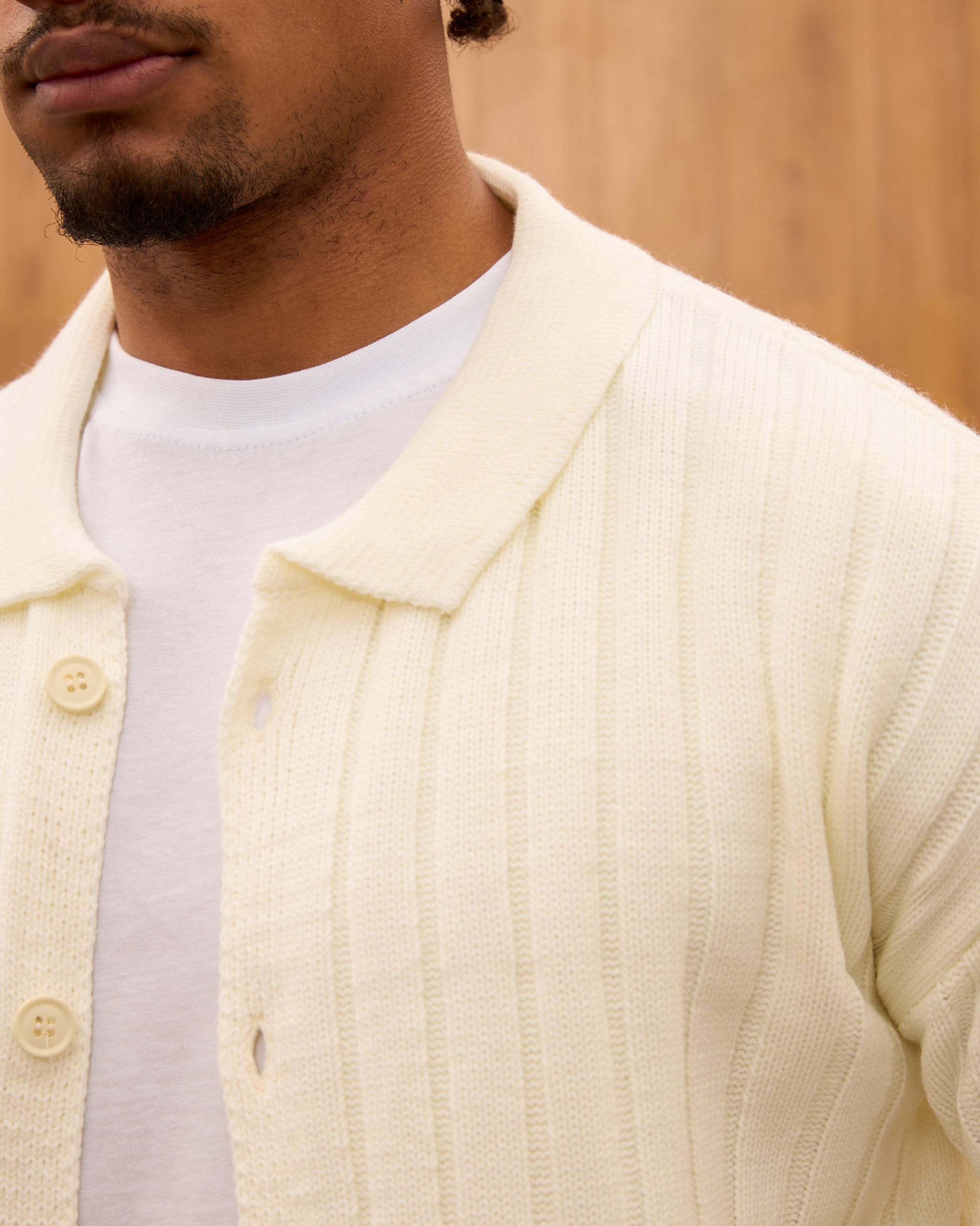 Men's Ribbed Knit Cardigan - Cuban Collar Button-Down Luxury Layering Shirt