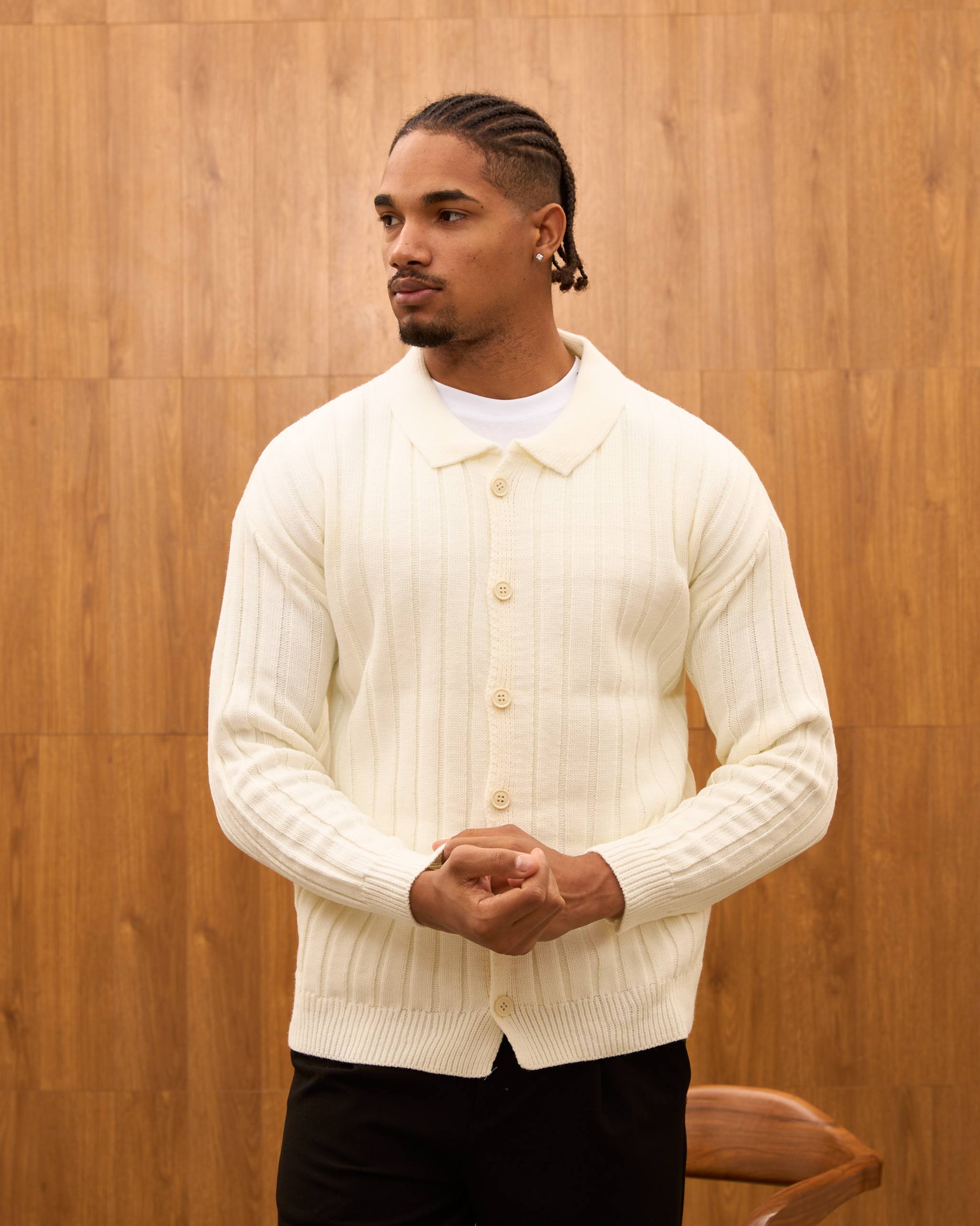 Men's Ribbed Knit Cardigan - Cuban Collar Button-Down Luxury Layering Shirt