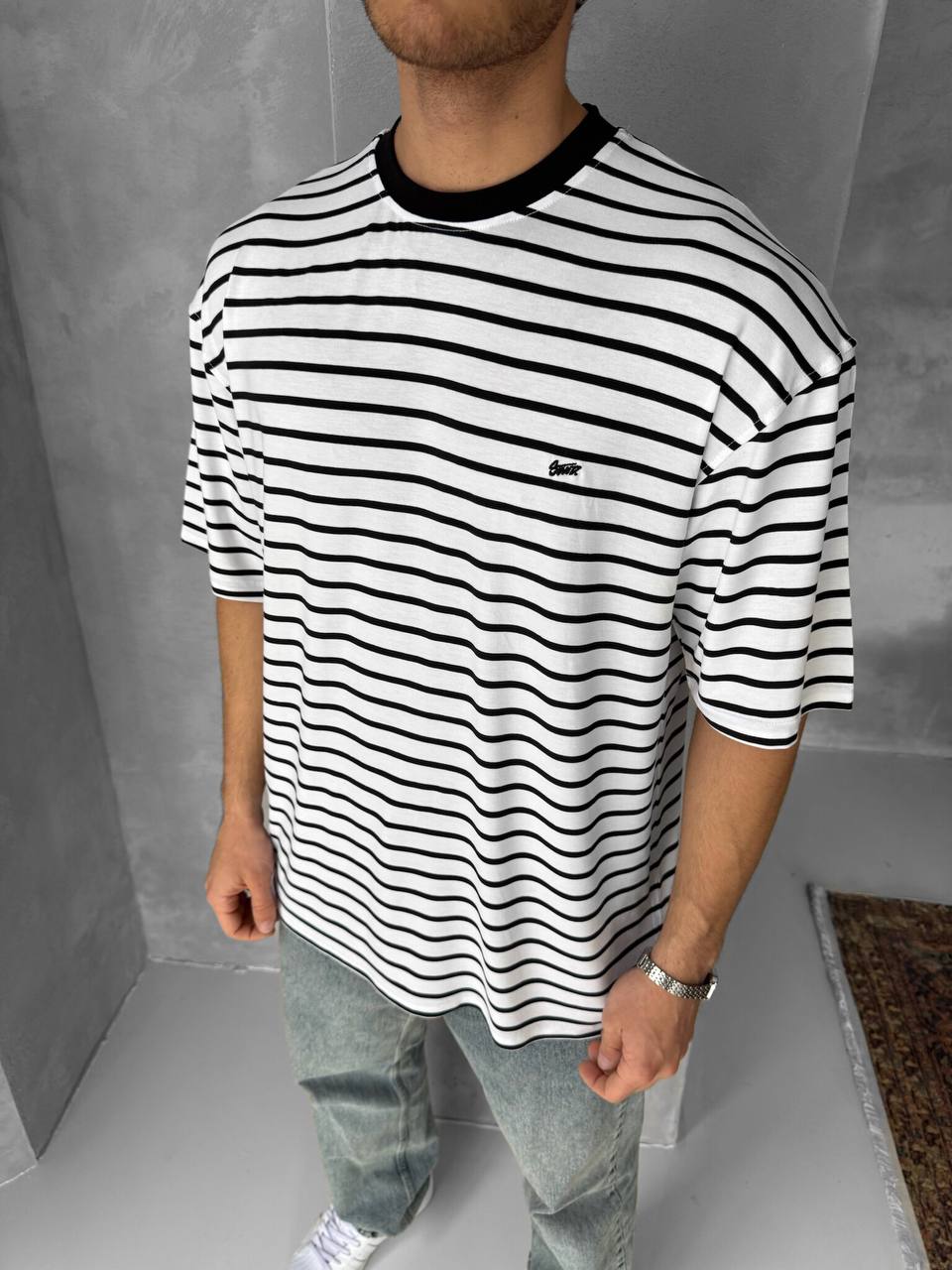 Men's Striped Cotton T-Shirt / Classic Black White Stripe Tee