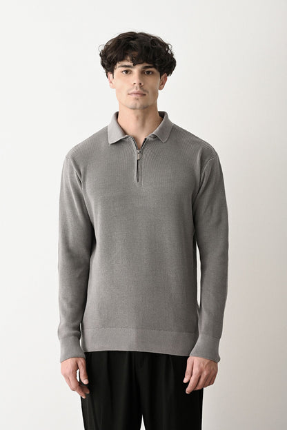 Collared Zip-Up Knit Sweater