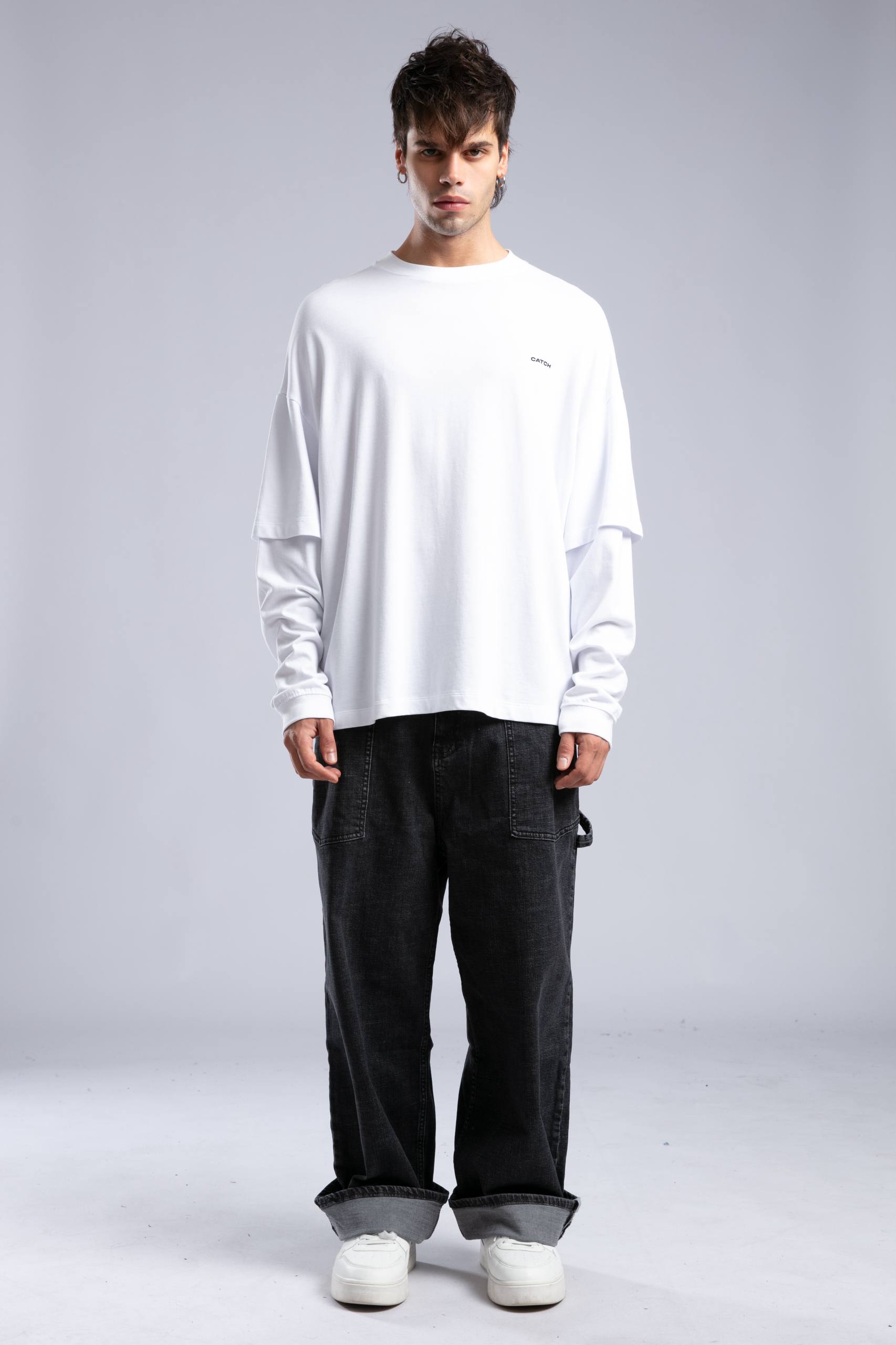 Minimalist Layered Long Sleeve Oversized T-shirt – White & Black
