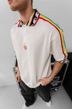 Ethnic Trim Oversized Polo T-Shirt – White Unisex Streetwear