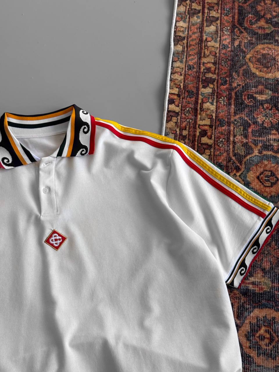 Ethnic Trim Oversized Polo T-Shirt – White Unisex Streetwear