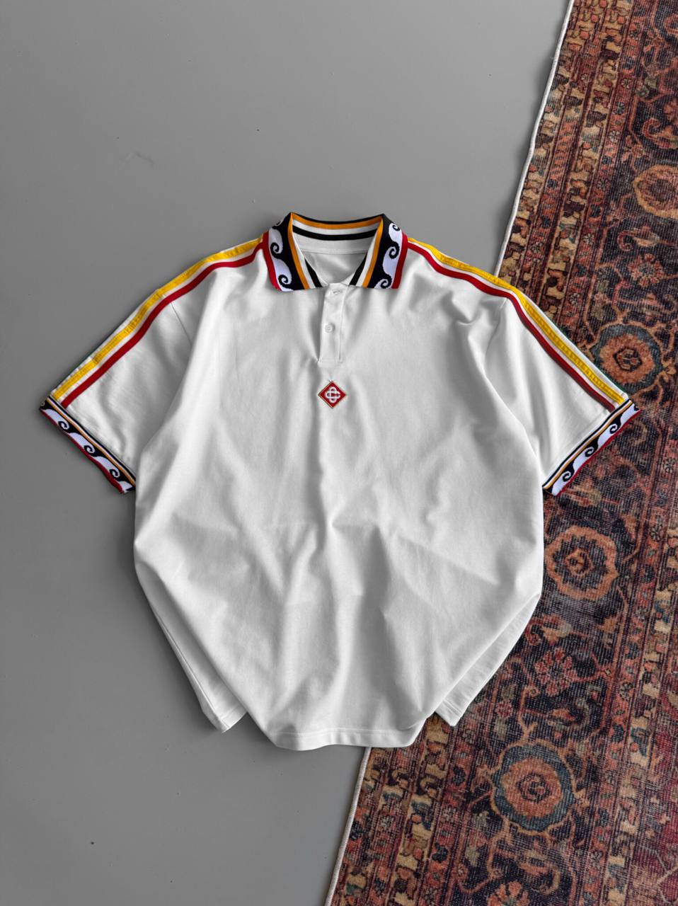 Ethnic Trim Oversized Polo T-Shirt – White Unisex Streetwear