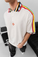 Ethnic Trim Oversized Polo T-Shirt – White Unisex Streetwear