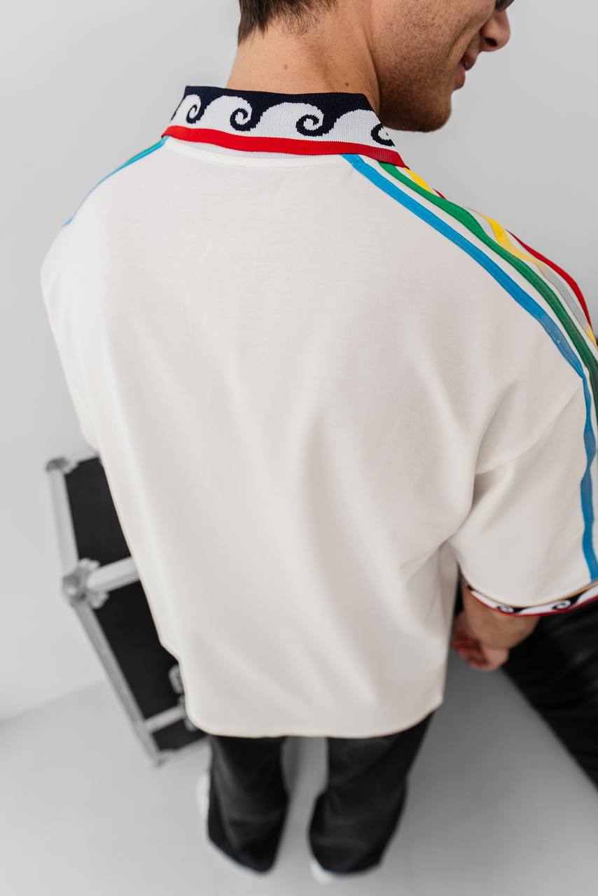 Ethnic Trim Oversized Polo T-Shirt – White Unisex Streetwear