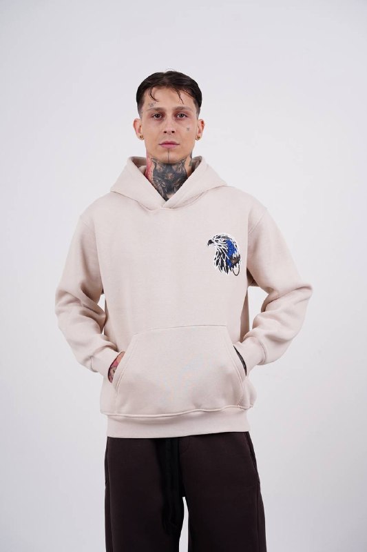 Blue Eagle Wings Graphic Oversized Hoodie in Beige - front view