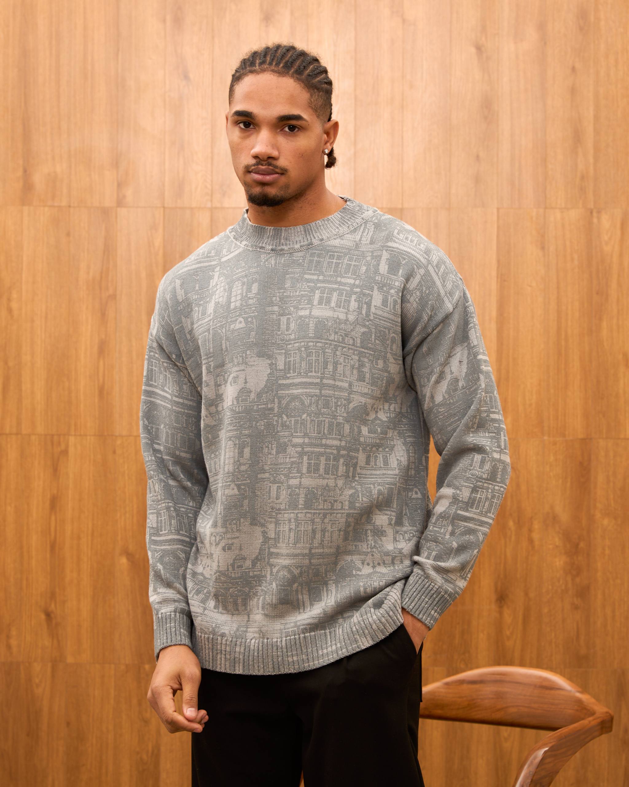 Oversize Architectural Knit Sweater for Men - Premium Baroque Cityscape Crewneck Pullover