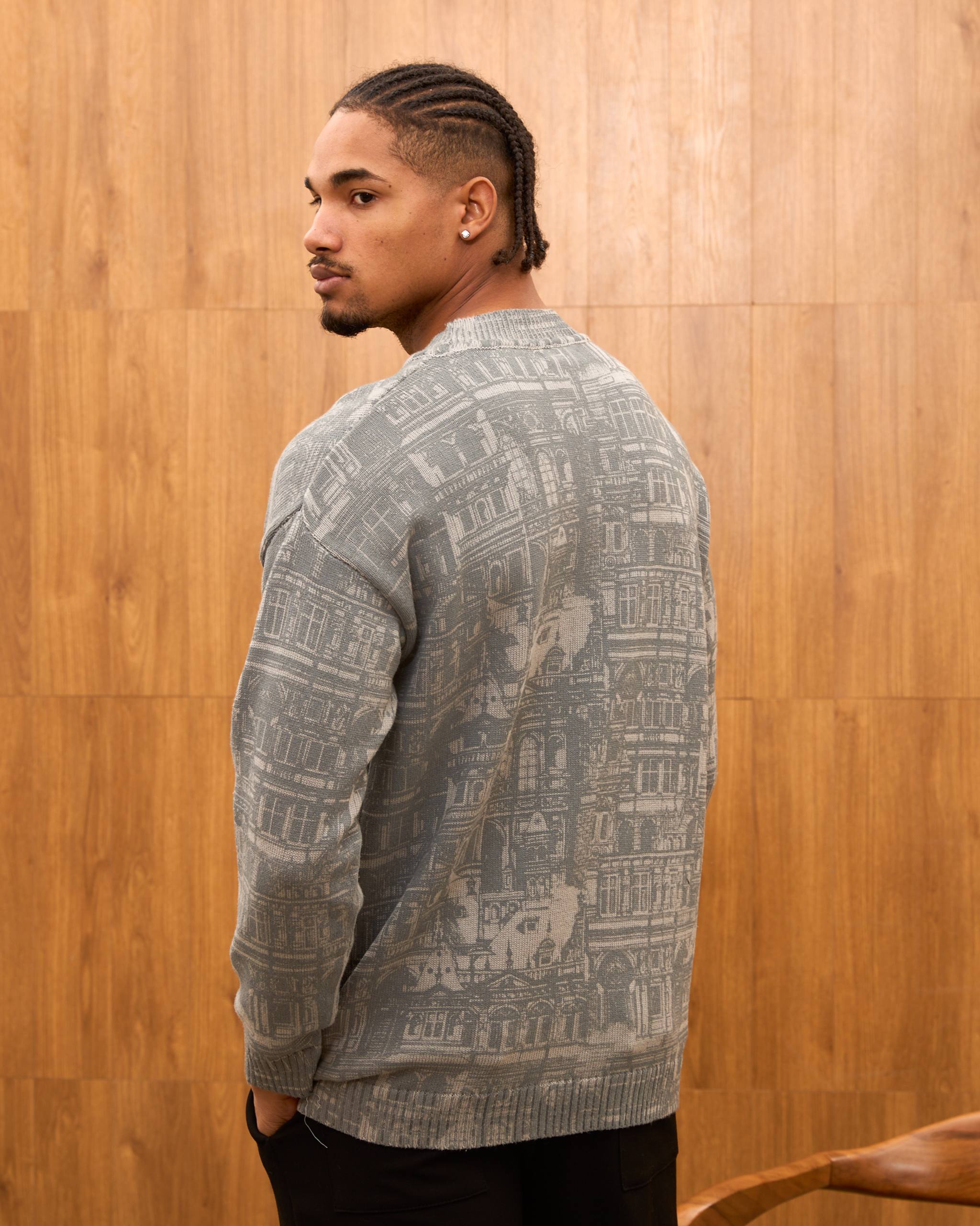 Oversize Architectural Knit Sweater for Men - Premium Baroque Cityscape Crewneck Pullover