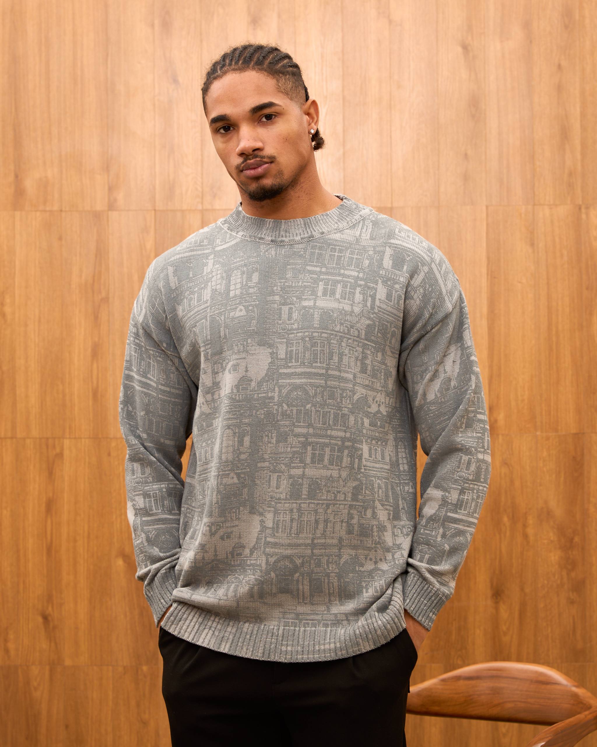Oversize Architectural Knit Sweater for Men - Premium Baroque Cityscape Crewneck Pullover