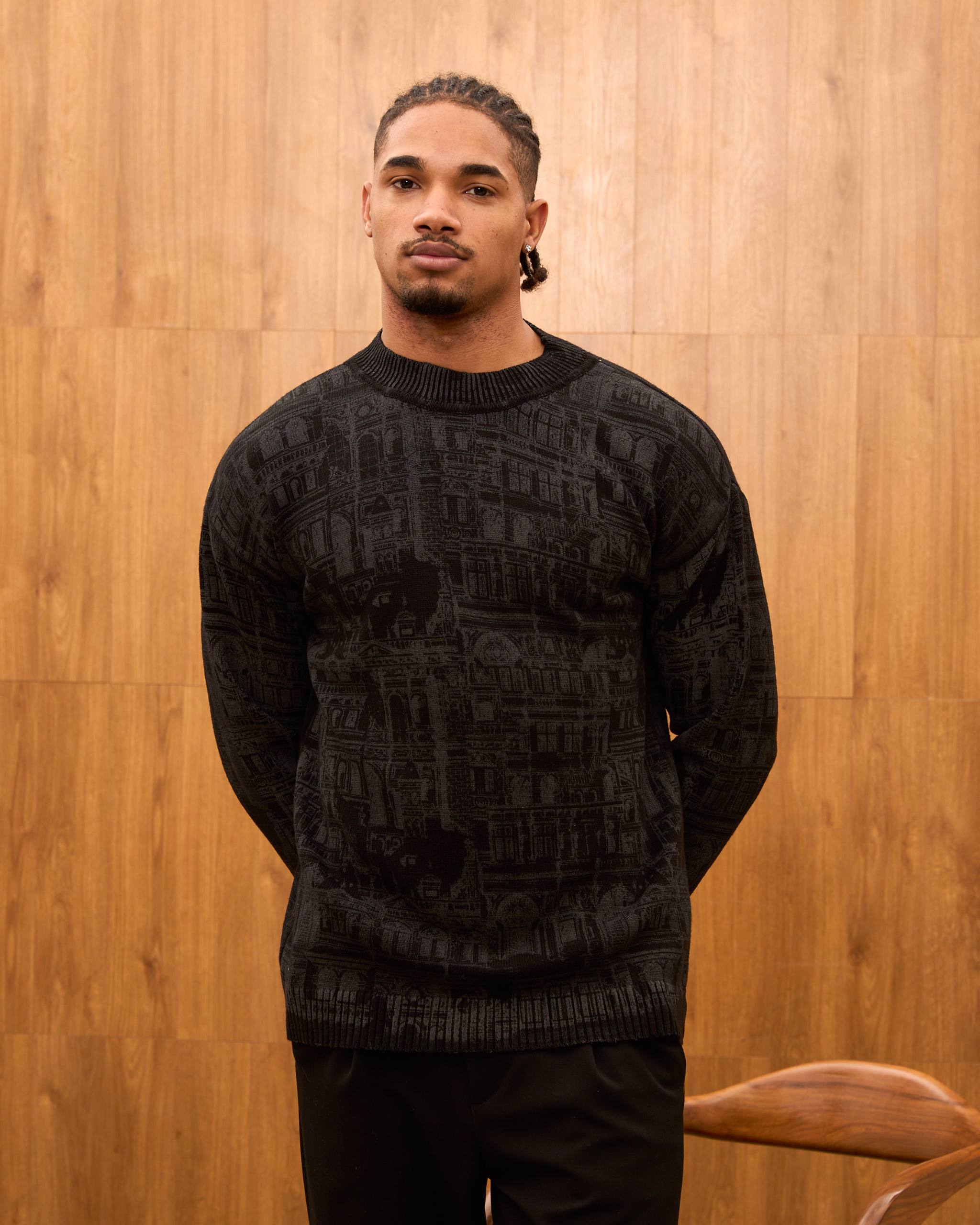 Oversize Architectural Knit Sweater for Men - Premium Baroque Cityscape Crewneck Pullover