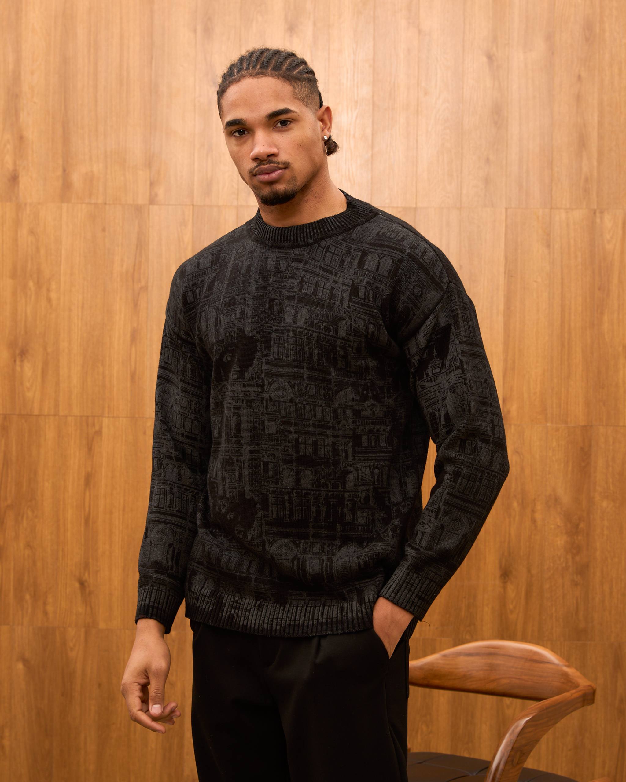 Oversize Architectural Knit Sweater for Men - Premium Baroque Cityscape Crewneck Pullover