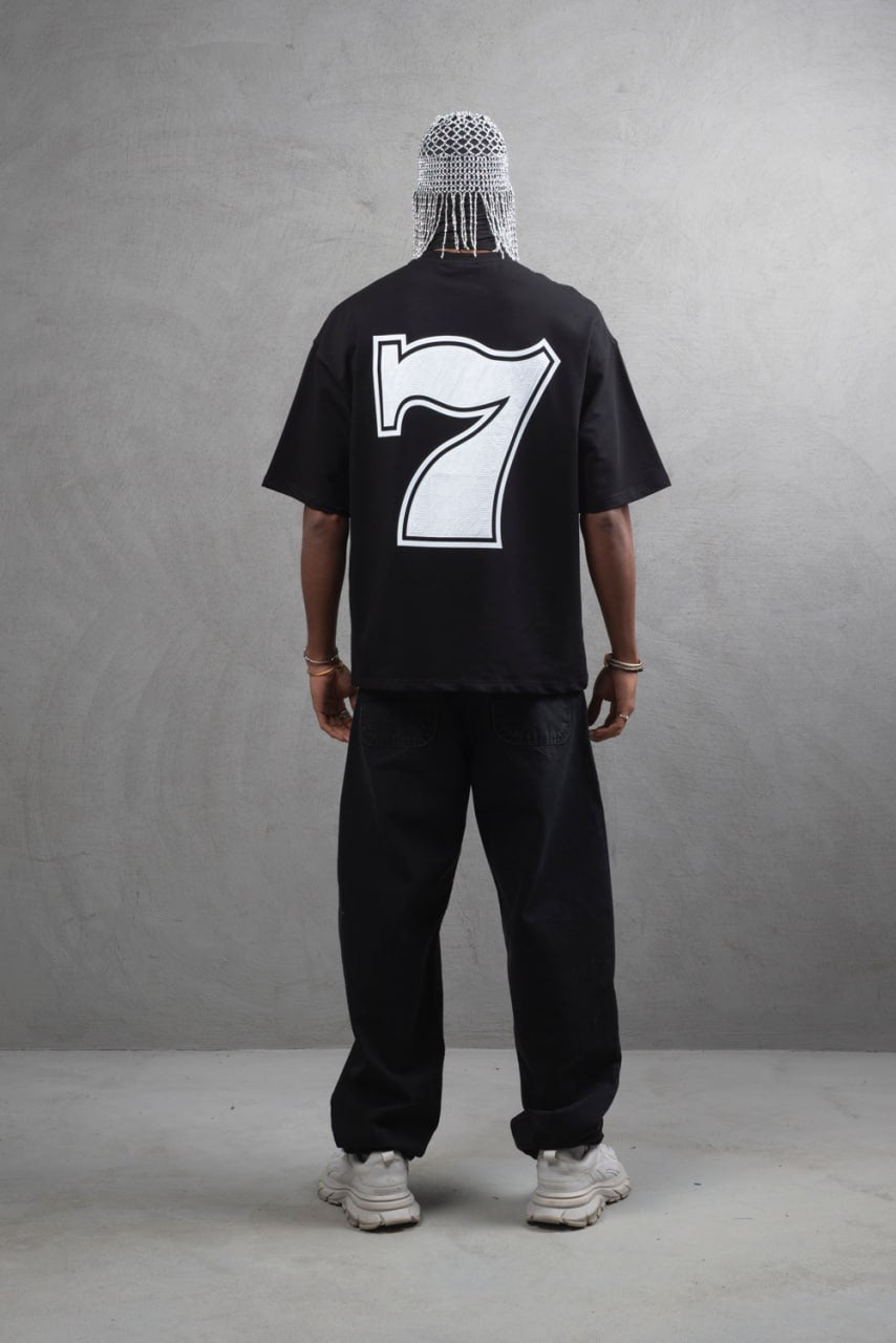 Oversize Cotton Tee - "777" Graphic Print Shirt