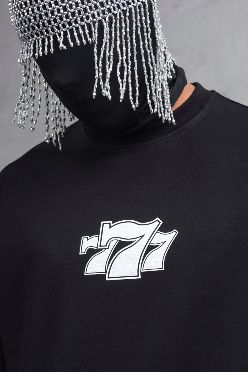Oversize Cotton Tee - "777" Graphic Print Shirt