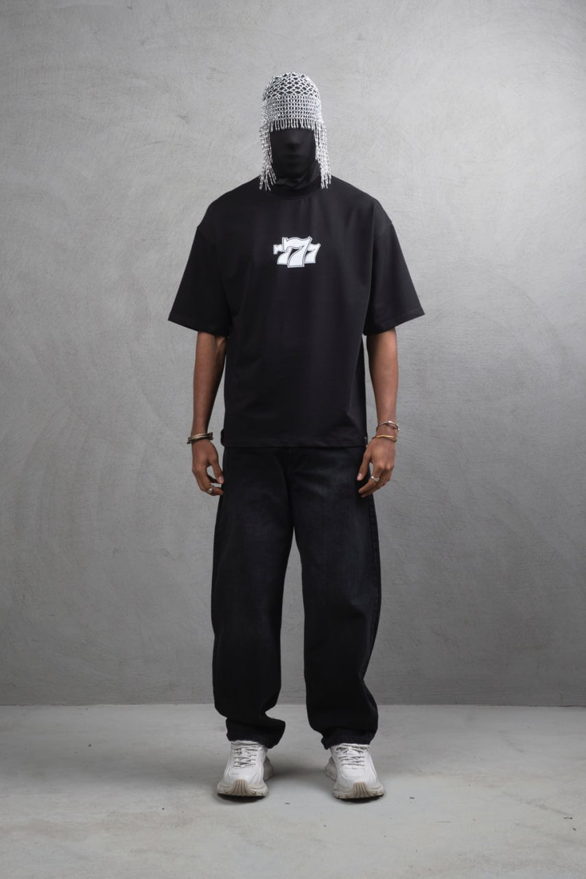 Oversize Cotton Tee - "777" Graphic Print Shirt