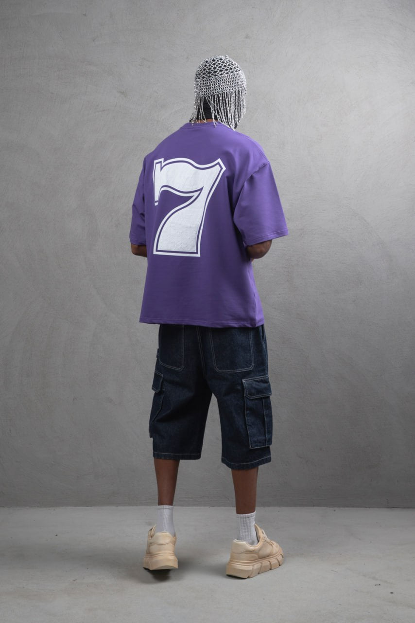 Oversize Cotton Tee - "777" Graphic Print Shirt