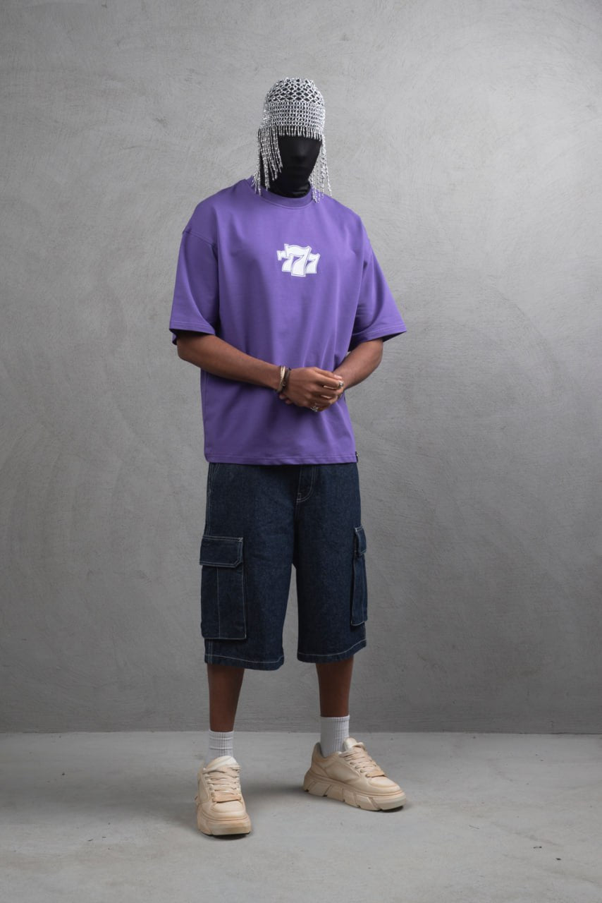 Oversize Cotton Tee - "777" Graphic Print Shirt