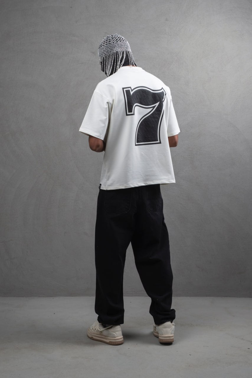 Oversize Cotton Tee - "777" Graphic Print Shirt