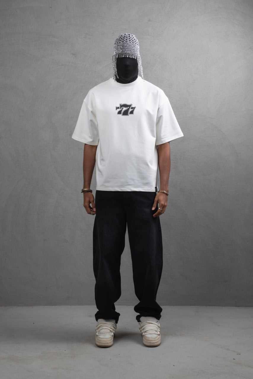 Oversize Cotton Tee - "777" Graphic Print Shirt