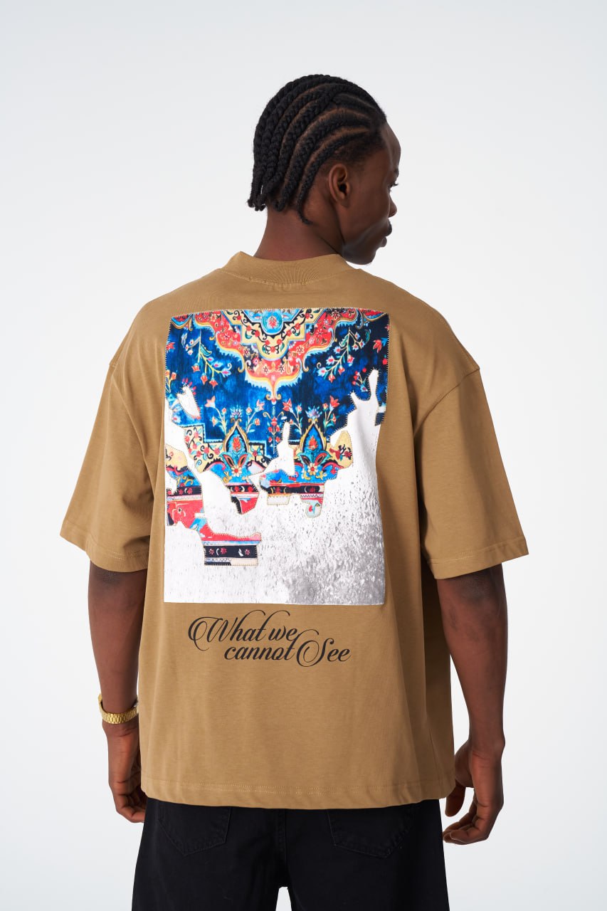 Oversize Cotton Tee / "AWARE" Dove Hands Symbolic Graphic Print